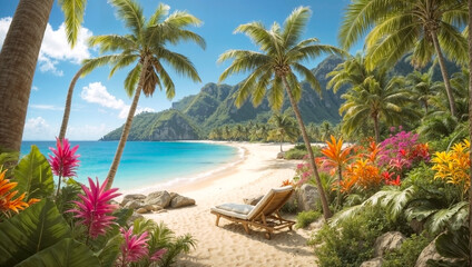 Fototapeta premium Tropical Island Beach Palm Trees Ocean Sand Resort Travel