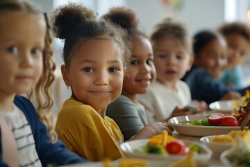 diverse group of preschool children enjoying lunch in school cafeteria kids eating healthy meals education concept