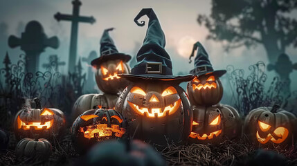 Pumpkins growing with twisted and spooky faces, embodying the spirit of Halloween,Surreal photography for illustration. Generative AI