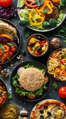 Savoury Collection of Vegan Delicacies – Salad, Burger, Soup, Spaghetti, and Pizza
