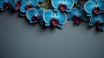 several blue orchid flowers on a dark blue background.