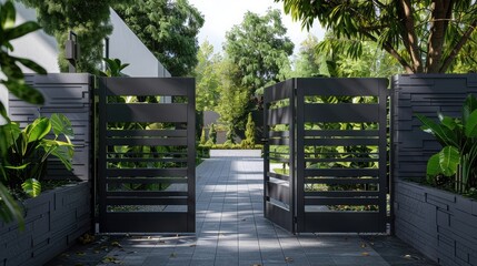 High dark grey home door aluminum gate gray slats portal garden of suburb house