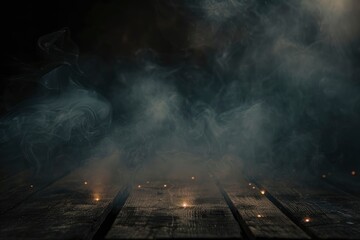 Fog In Darkness - Smoke And Mist On Wooden Table - Abstract And Defocused Halloween Backdrop - generative ai