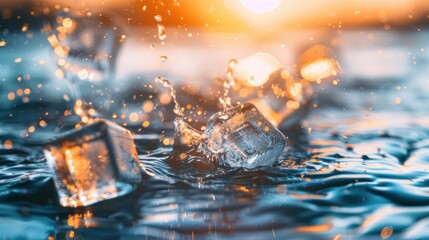 Ice cubes splashed into water, cold drink