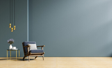 Modern wooden living room has an blue armchair on empty dark green wall background- 3D rendering