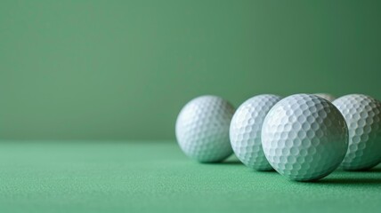 Four white golf balls on green surface with background