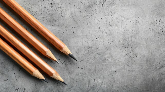 Group of sharp wooden pencils arranged diagonally on textured gray background