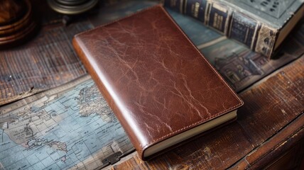 Closed brown leather journal on vintage map with antique books in background