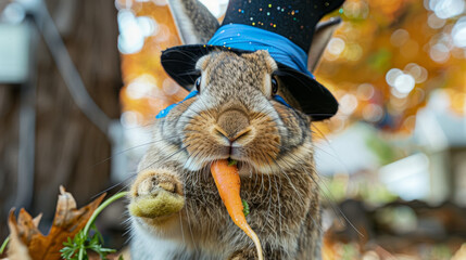 Obraz premium close up of a rabbit in a magician hat pulling a carrot out