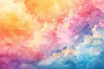dreamy watercolor abstract depicting sunset sky with puffy clouds in vibrant rainbow colors