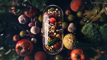 A high-definition photograph highlighting a translucent pill brimming with a diverse array of fruits, vegetables, nuts, and beans, embodying the concept of holistic wellness in a compact form