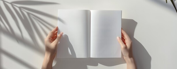 A woman's hands open an empty white book mockup on a light grey background, in a flat lay with shadows from a window, in the style of a modern minimalist. A4 format for presentation of magazine