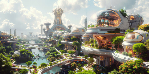 Metropolis where the Hanging Gardens of Babylon are reimagined as suspended bio-domes, housing vibrant ecosystems thriving amidst towering skyscrapers and floating gardens