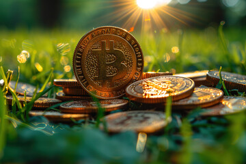 A pile of gold coins with a bitcoin coin on top