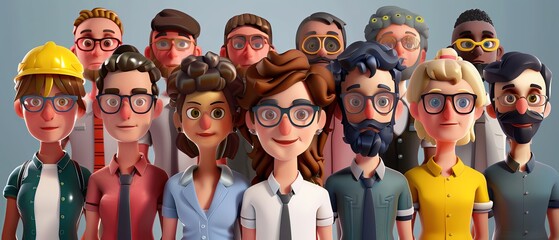3D cartoon illustration of a group of people with different professions, workers and business men or women in a crowd portrait, vector character design, high resolution photography.