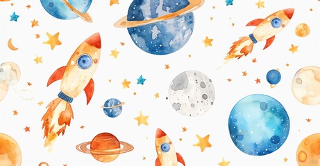 watercolor cartoon illustration of space, planets and astronauts in rocket ships on a white background seamless pattern for children's nursery wall art print.