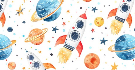 watercolor cartoon illustration of space, planets and astronauts in rocket ships on a white background seamless pattern for children's nursery wall art print.