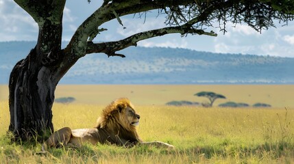 Majestic lion resting under the shade of a sprawling acacia tree on the African savanna.