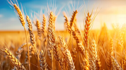 Fototapeta premium Close up wheat field at golden hour, bathed in warm sunlight, whole grain field. Generative AI