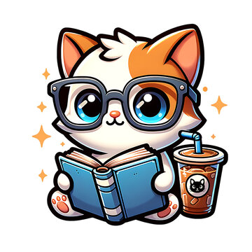 Cute cat reading book  with cold coffee cup beside it