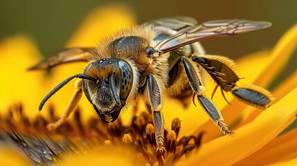 Naklejka premium A close-up of a honey bee pollinating a flower. Generative AI