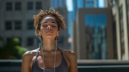 Jovem negra, mulher fazendo atividade física e corrida em meio a cidade e com fones de ouvidos,  respiração profunda e como os olhos fechados