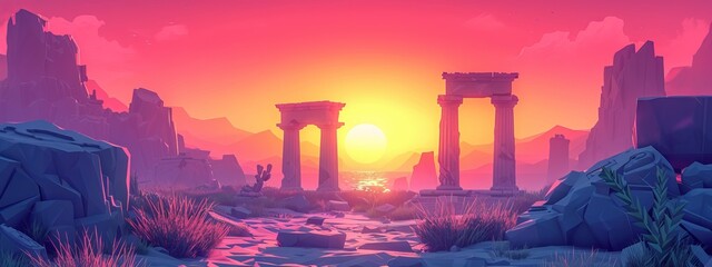 Low poly ancient ruins with a sunset background.