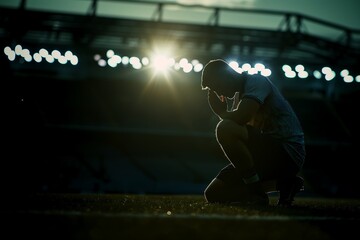 Jogador de futebol, atleta orando antes da partida no estádio