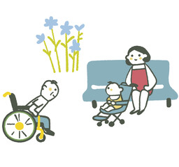 屋外で赤ちゃんに声をかける車椅子のシニアと興味を持つ赤ちゃん　イラスト素材
