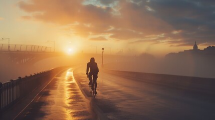 A man is riding a bicycle down the street with the sky orange and the sun starting to appear.