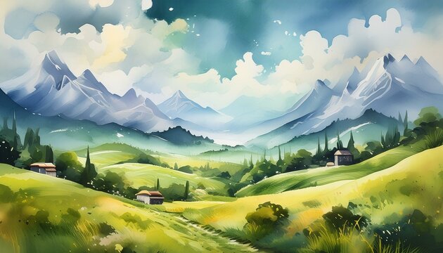 Illustration of a summer countryside in watercolor. 