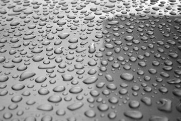 Rainwater Droplets on Shiny Metallic Chrome Silver Background.