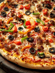 Photo of a slice of pizza , tasty pizza with mushrooms and tomatoes , toppings