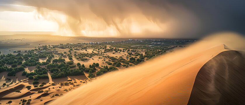 A desert storm with sand blowing over the top of dunes, overlooking an oasis in "Uasers coast", a town on massive rolling sand hills and trees. The sky is dark as if it's about to rain. A large dust c