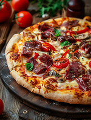 Photo of a slice of pizza , tasty pizza with mushrooms and tomatoes , toppings