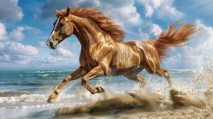 brown horse running on the beach - obrazy, fototapety, plakaty