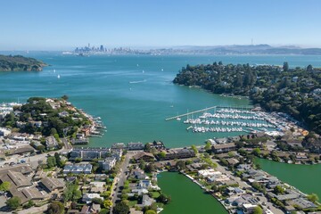 The seaside town, Belvedere, Tiburon, and the San Francisco Harbour. The city skyline is in the...
