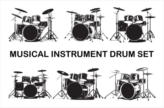 Classic Music drum kit set Silhouette Vector set. Drum silhouette vector Bundle isolated.