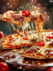 Photo of a slice of pizza , tasty pizza with mushrooms and tomatoes , toppings