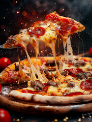 Photo of a slice of pizza , tasty pizza with mushrooms and tomatoes , toppings
