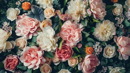 Wall of colorful roses for vintage style background - obrazy, fototapety, plakaty