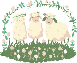 Three Happy Sheep in a Flower Garden, Cute Illustration of Sheep with Floral Crowns