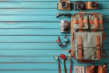 camera background traveler retro wooden concept vacation lifestyle vintage tourism journey style table