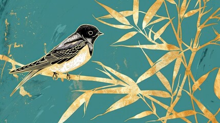 Abstract gold ink bird artwork background. - obrazy, fototapety, plakaty