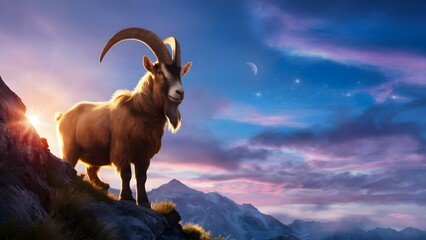 A Goat standing proudly on top of a rocky mountainside against a beautifully sky And crescent moon of Eid Mubarak, Eid ul Adha background with copy space to write eid mubarak quotes and eid wishes - obrazy, fototapety, plakaty