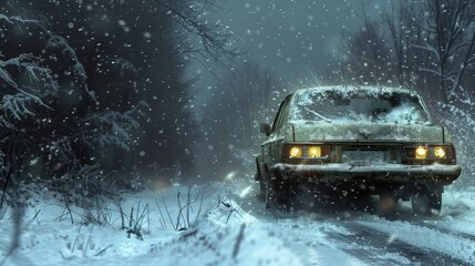 A car in a cold snowstorm. - obrazy, fototapety, plakaty