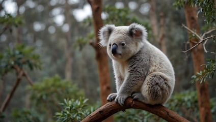 A sea of white, a solitary koala clings to a branch, its fluffy form a gentle contrast against the pristine backdrop, embodying quiet serenity in the void ai_generated - obrazy, fototapety, plakaty