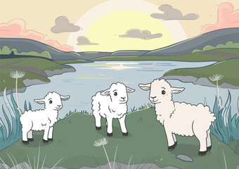 Peaceful Sunset on the River with Three Adorable Lambs Grazing on the Shore