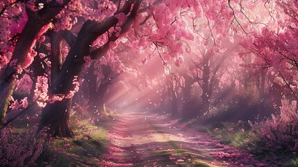 Fototapeta premium A Pink Cherry Blossom Forest Unveils Its Seasonal Splendor