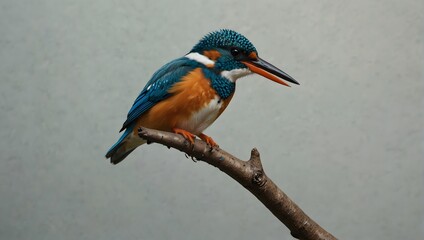 A solitary kingfisher perches on a branch, its vibrant plumage a dazzling contrast against the serene backdrop of a solid white canvas ai_generated - obrazy, fototapety, plakaty